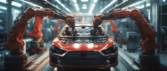 Aufkleber - Autonomous Factory Flyover Robotic Arms Assembling Car Frames, AI Precision in Electric Vehicle Production, Cinematic Perspective