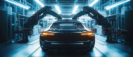 Aufkleber - Autonomous Factory Flyover Robotic Arms Assembling Car Frames, AI Precision in Electric Vehicle Production, Cinematic Perspective