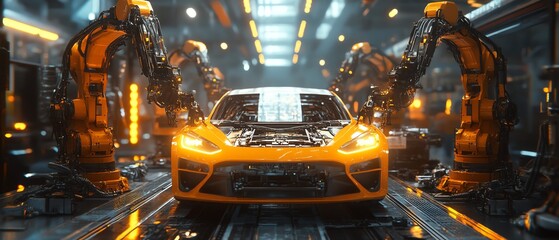 Aufkleber - Autonomous Factory Flyover Robotic Arms Assembling Car Frames, AI Precision in Electric Vehicle Production, Cinematic Perspective