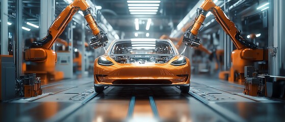 Aufkleber - Autonomous Factory Flyover Robotic Arms Assembling Car Frames, AI Precision in Electric Vehicle Production, Cinematic Perspective
