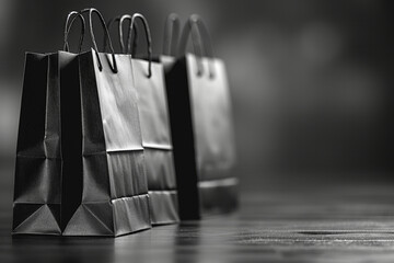 Three black shopping bags are lined up on a wooden surface, showcasing their simplistic design against a softly blurred background, creating a contrasting visual effect. Copy space