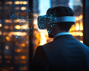 Aufkleber - Businessman in Virtual Reality Immersive 3D Environment for Browsing Websites, Watching Videos, Social Media, eBusiness