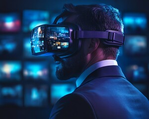Aufkleber - Businessman in Virtual Reality Immersive 3D Environment for Browsing Websites, Watching Videos, Social Media, eBusiness