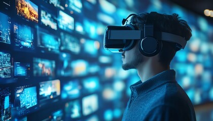 Poster - Businessman in VR Interface Exploring Content Websites, Watching Streaming Services, Using Social Media, eCommerce in Cyberspace