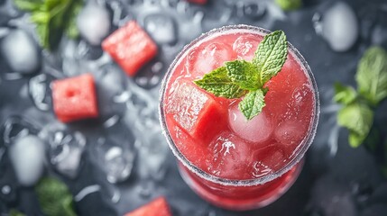 Sticker -   A high-resolution close-up image of a refreshing cocktail in a crystal glass, topped off with fresh mint leaves resting on a bed of glistening ice cubes