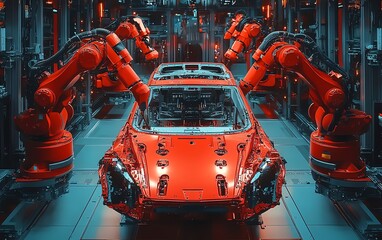 Poster - Cinematic Aerial Flyover of Factory Robotic Arms in Autonomous Car Frame Assembly, AIDriven Electric Vehicle Manufacturing