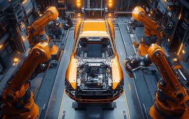 Poster - Cinematic Aerial Flyover of Factory Robotic Arms in Autonomous Car Frame Assembly, AIDriven Electric Vehicle Manufacturing