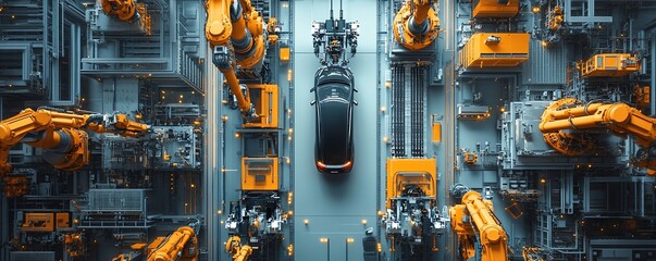 Poster - Cinematic Aerial View Autonomous Factory with Robotic Arms Producing Electric Vehicles, AI Precision Assembly
