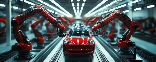 Poster - Cinematic Aerial View Autonomous Factory with Robotic Arms Producing Electric Vehicles, AI Precision Assembly