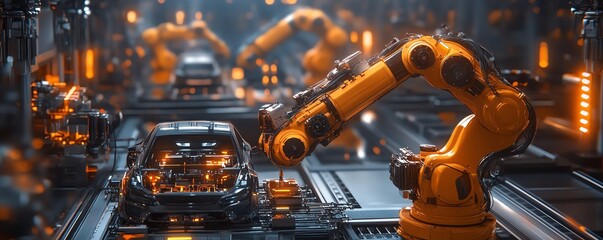 Poster - Cinematic Aerial View Autonomous Factory with Robotic Arms Producing Electric Vehicles, AI Precision Assembly