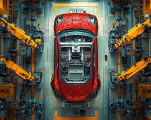 Aufkleber - Dynamic Aerial Flyover Through Autonomous Factory Robotic Arms Assembling Car Frames, AI Precision Production, Electric Vehicle Manufacturing, Cinematic Camera Angle