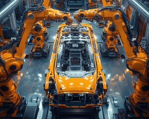 Aufkleber - Dynamic Aerial Flyover Through Autonomous Factory Robotic Arms Assembling Car Frames, AI Precision Production, Electric Vehicle Manufacturing, Cinematic Camera Angle