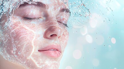 Poster -   A close-up of a woman's face with water bubbles on her head and a blue sky in the backdrop