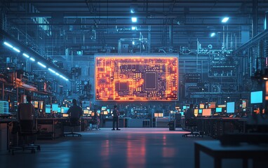 Aufkleber - Electronics Factory Office Caucasian Engineering Head Presenting Microchip Motherboard on TV, Diverse Team of Managers and Technicians Engaged in Production Planning