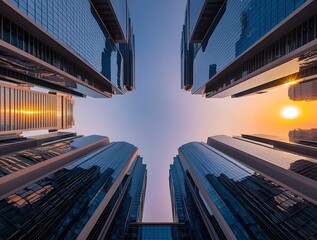 Picture of modern skyscrapers of a smart city, futuristic financial district with buildings and reflections , blue color background for corporate and business template with warm sun rays of light (22)