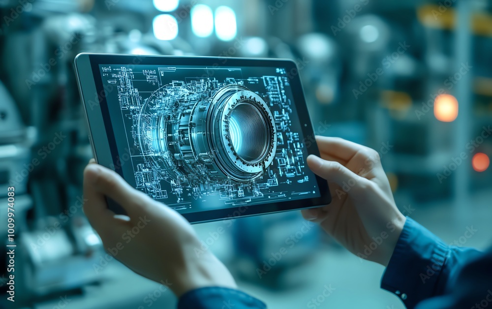 Factory Digitalization Engineers with Tablet Viewing 3D Model of Clean ...
