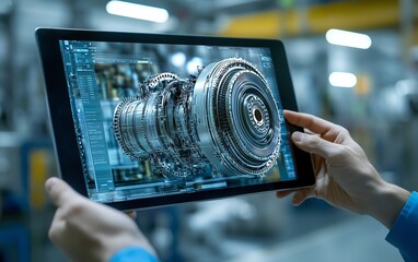 Poster - Factory Digitalization Engineers with Tablet Viewing 3D Model of Clean Green Energy Engine in Advanced Electronics Manufacturing Facility