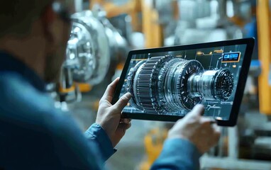 Poster - Factory Digitalization Engineers with Tablet Viewing 3D Model of Clean Green Energy Engine in Advanced Electronics Manufacturing Facility