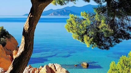 Canvas Print - Serene Coastal Landscape with Pine Tree and Blue Water