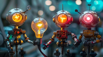 The image shows three small robots holding and presenting a glowing light bulb, standing together inside a room filled with mechanical and technological elements, creating an innovative atmosphere.