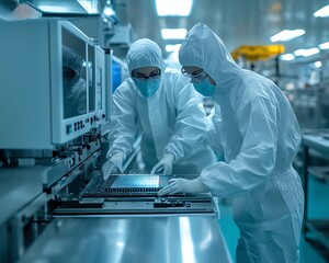 Aufkleber - HighTech Semiconductor Production Two Technicians in Sterile Suits with Silicon Wafer, Electronics Factory Cleanroom