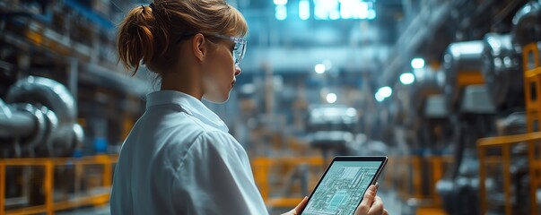 Poster - Industrial Engineers in HighTech Factory Using Tablet to View 3D Model of Clean Green Energy Engine, Industry 40 Electronics Facility