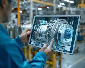 Poster - Industry 40 Electronics Facility Engineers Using Tablet to View 3D Model of Clean Green Energy Engine, Modern Factory