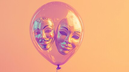 Canvas Print -   A pair of masks resting atop a balloon with a mask-like shape