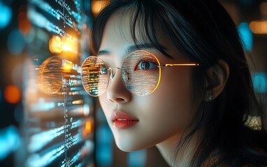 Aufkleber - Portrait of Asian Female Digital Innovator Working on Computer, Code Lines Reflected on Face, Creating AIDriven eCommerce App with Big Data