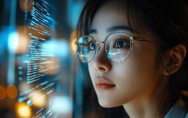 Portrait of Asian Female Digital Innovator Working on Computer, Code Lines Reflected on Face, Creating AIDriven eCommerce App with Big Data