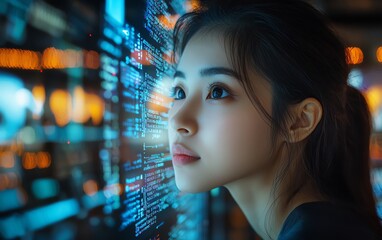 Aufkleber - Portrait of Asian Female Digital Innovator Working on Computer, Code Lines Reflected on Face, Creating AIDriven eCommerce App with Big Data