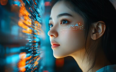 Poster - Portrait of Asian Female Digital Innovator Working on Computer, Code Lines Reflected on Face, Creating AIDriven eCommerce App with Big Data