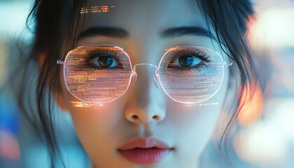 Aufkleber - Portrait of Asian Female Software Developer Digital Entrepreneur with Lines of Code Reflected on Face, Innovating AI and Big Data eCommerce App
