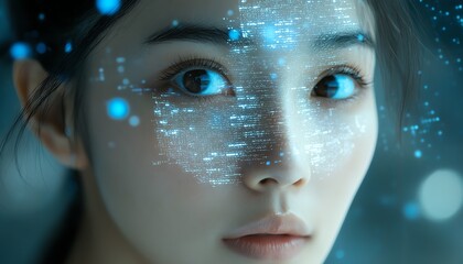 Aufkleber - Portrait of Asian Female Software Developer Digital Entrepreneur with Lines of Code Reflected on Face, Innovating AI and Big Data eCommerce App