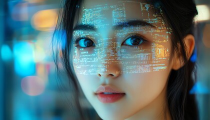 Poster - Portrait of Asian Female Software Developer Digital Entrepreneur with Lines of Code Reflected on Face, Innovating AI and Big Data eCommerce App