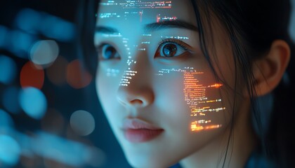 Aufkleber - Portrait of Asian Female Startup Digital Entrepreneur Working on Computer Line of Code Projected on Face