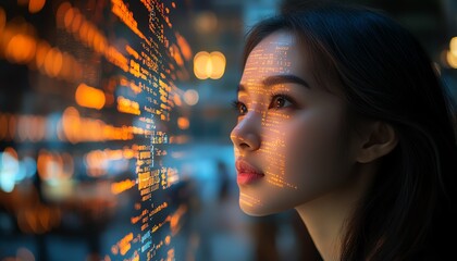 Aufkleber - Portrait of Asian Female Startup Digital Entrepreneur Working on Computer Line of Code Projected on Face