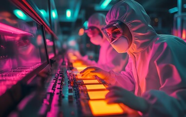 Aufkleber - Semiconductor Production Process at Electronics Factory Two Technicians in Sterile Suits Removing Silicon Wafer, HighTech Environment
