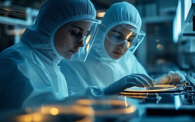 Aufkleber - Silicon Wafer Handling at Electronics Factory Two Technicians in Sterile Suits, Semiconductor Production Process