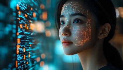 Aufkleber - Software Developer Portrait Asian Female Startup Entrepreneur with Code Projected on Face, Innovating eCommerce App with AI and Big Data