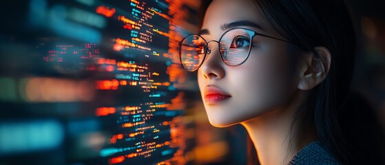 Aufkleber - Software Developer Portrait Asian Female Entrepreneur with Code Reflected on Face, Working on Innovative eCommerce App Using AI and Big Data