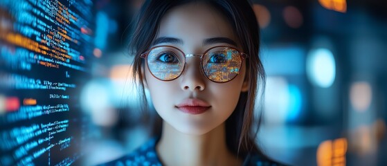 Aufkleber - Software Developer Portrait Asian Female Entrepreneur with Code Reflected on Face, Working on Innovative eCommerce App Using AI and Big Data
