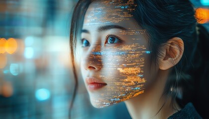 Aufkleber - Software Developer Portrait Asian Female Startup Entrepreneur with Code Projected on Face, Innovating eCommerce App with AI and Big Data