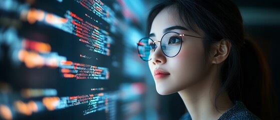 Aufkleber - Software Developer Portrait Asian Female Entrepreneur with Code Reflected on Face, Working on Innovative eCommerce App Using AI and Big Data