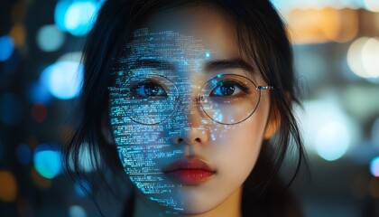 Aufkleber - Software Developer Portrait Asian Female Startup Entrepreneur with Code Projected on Face, Innovating eCommerce App with AI and Big Data