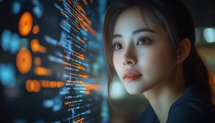 Aufkleber - Startup Digital Entrepreneur Asian Female Working on Computer, Code Reflected on Face, Developing AIBased eCommerce App with Big Data