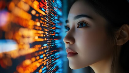 Aufkleber - Startup Digital Entrepreneur Asian Female Working on Computer, Code Reflected on Face, Developing AIBased eCommerce App with Big Data
