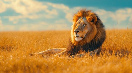 Poster -   A lion lounging in a meadow of high grass amidst a blue sky and fluffy clouds