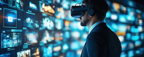 Aufkleber - Virtual Reality Businessman Navigates Immersive 3D Cyberspace Browsing Websites, Streaming Videos, Social Media Interaction, eCommerce Activities