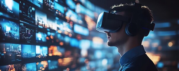 Aufkleber - Virtual Reality Businessman Navigates Immersive 3D Cyberspace Browsing Websites, Streaming Videos, Social Media Interaction, eCommerce Activities